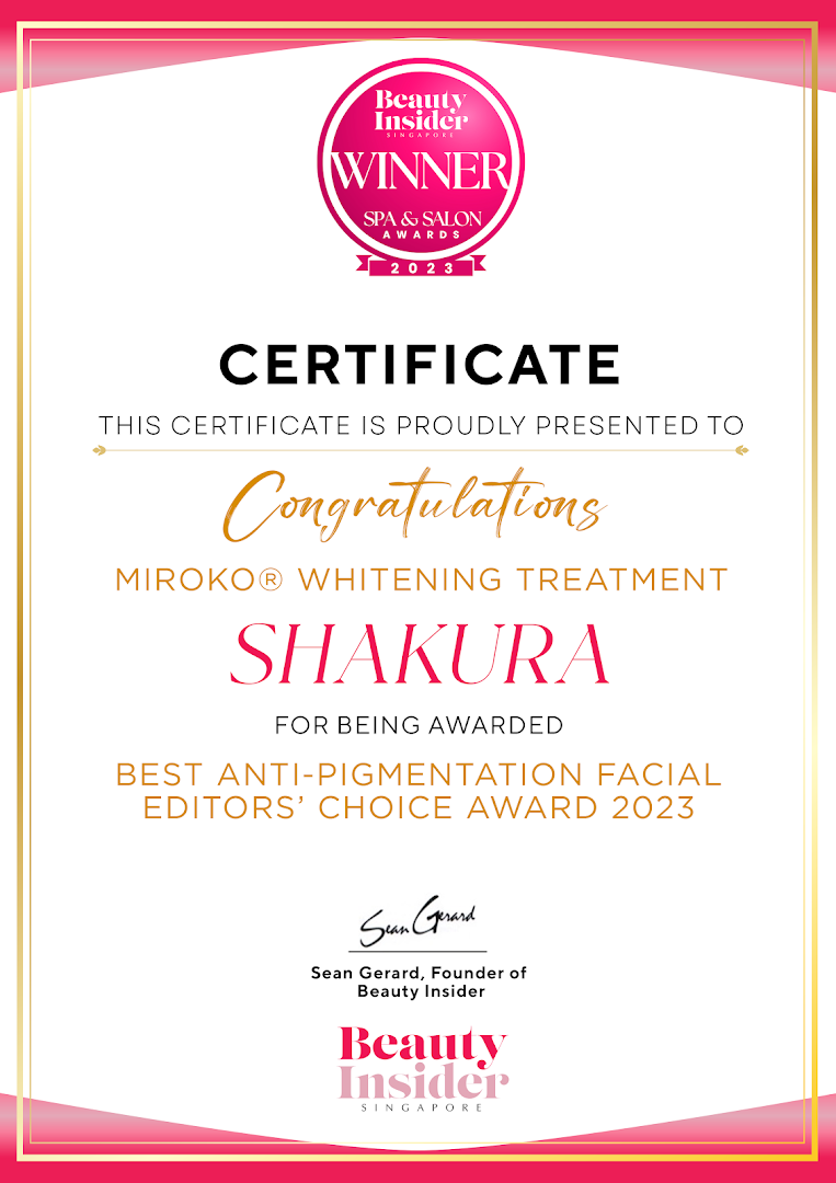 An award certificate presented to Shakura for the Best Anti-Pigmentation Facial Editors' Choice Award 2023.
