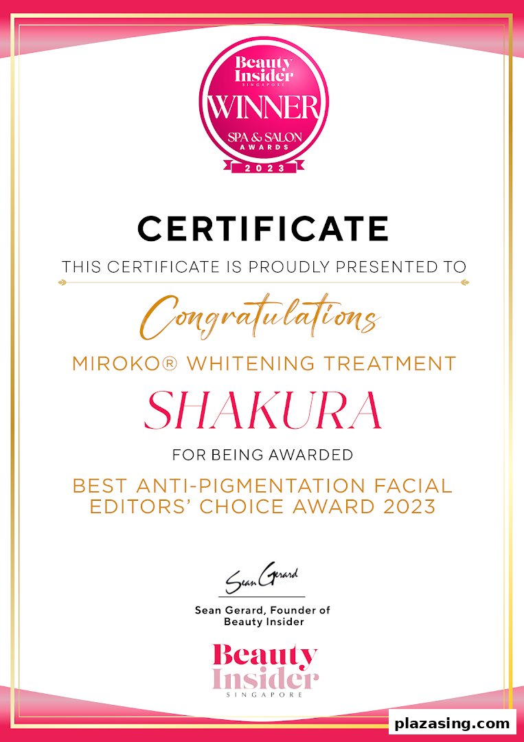An award certificate presented to Shakura for the Best Anti-Pigmentation Facial Editors' Choice Award 2023.