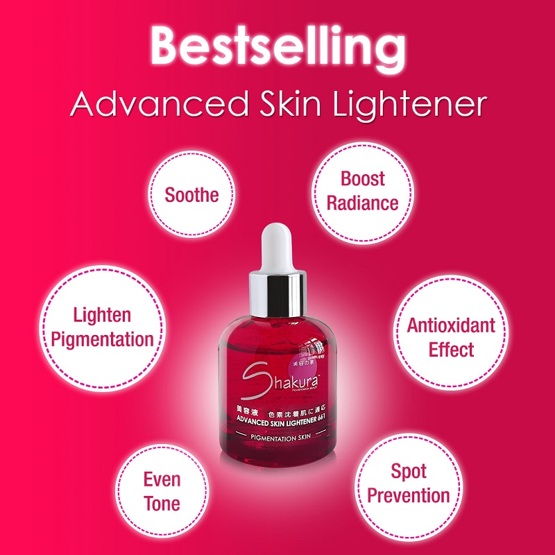 A Shakura Advanced Skin Lightener bottle highlighting its benefits for pigmentation and skin radiance.