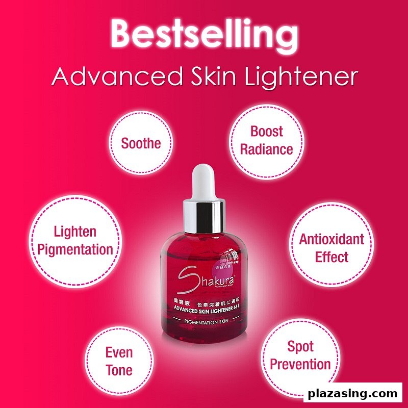 A Shakura Advanced Skin Lightener bottle highlighting its benefits for pigmentation and skin radiance.