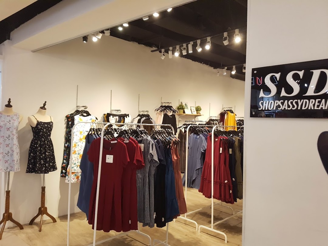 Interior view of Shop Sassy Dream, showcasing various dresses on racks and mannequins.