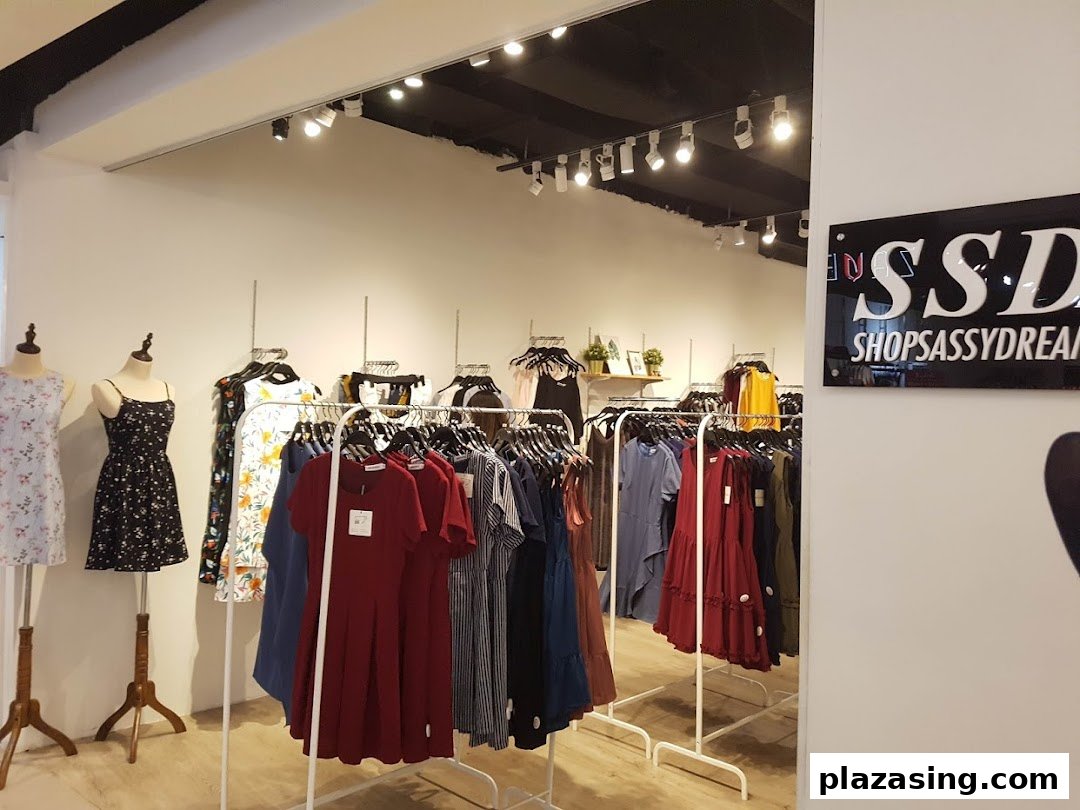 Interior view of Shop Sassy Dream, showcasing various dresses on racks and mannequins.