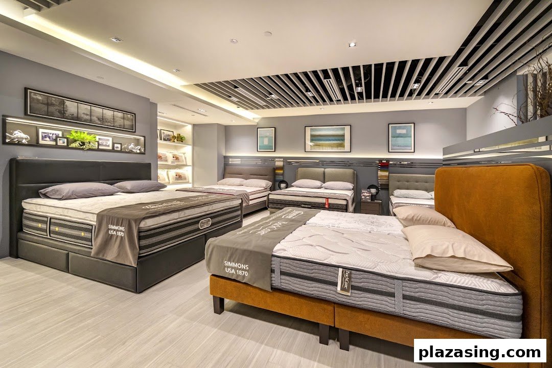 An interior view of Simmons Studio, showcasing various beds and mattresses in a modern showroom.