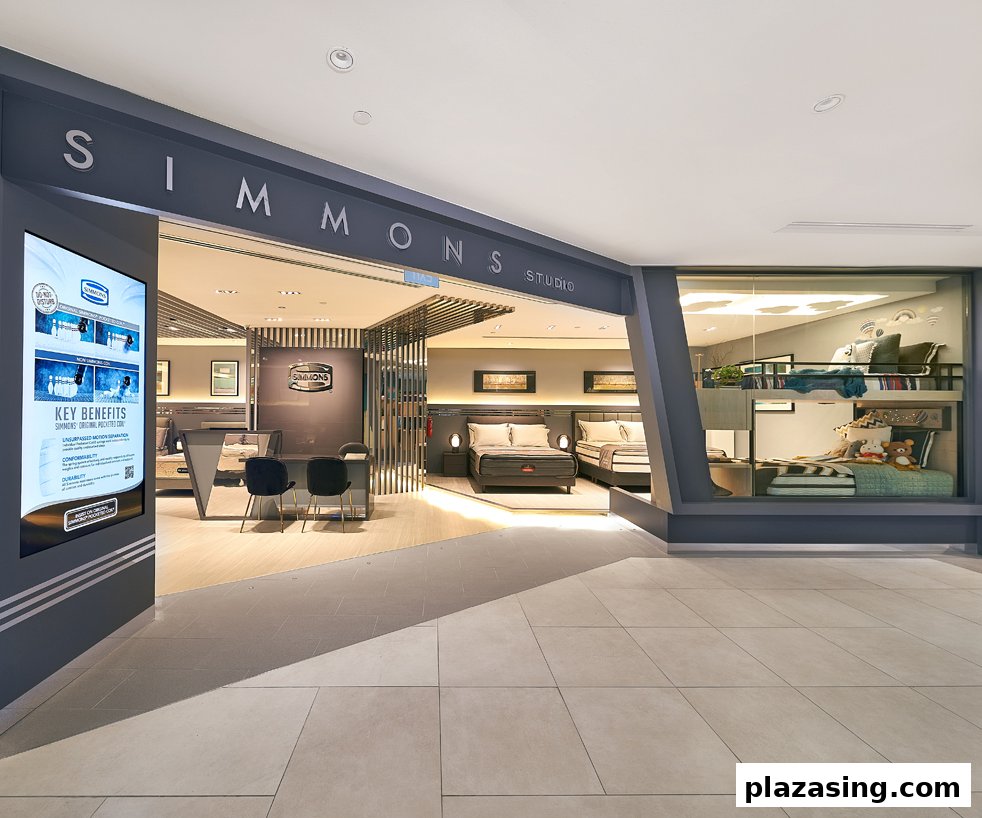 The Simmons Studio shop front showcases various beds, mattresses, and a digital information display.