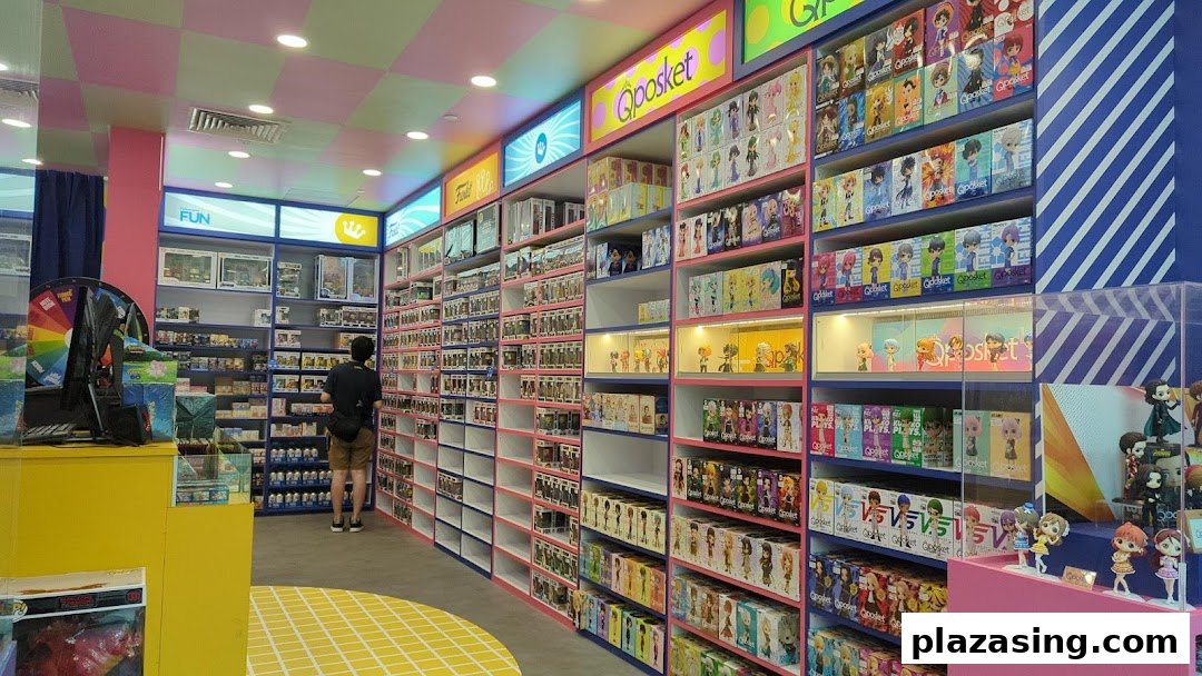 Vibrant interior of Simply Toys, showcasing shelves packed with collectible figures and a customer browsing.