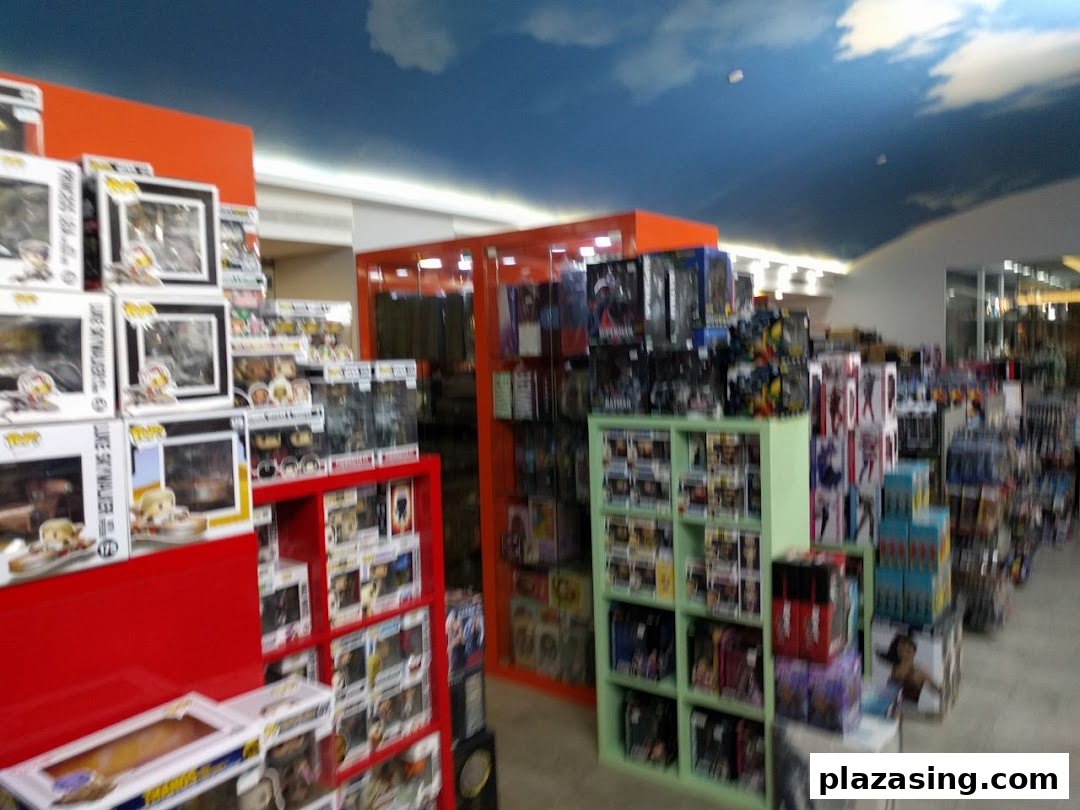 Interior view of Simply Toys showcasing shelves packed with collectible figures and toys under a cloud-painted ceiling.
