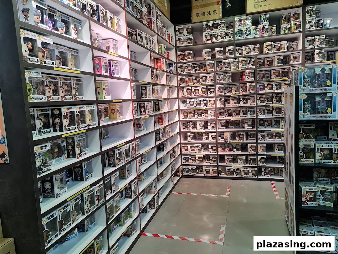 An aisle in Simply Toys showcasing extensive shelves filled with various collectible Funko Pop! figures.