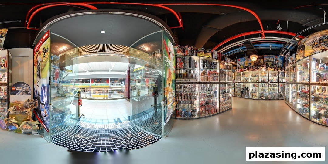 Interior view of Simply Toys, showcasing extensive display cases filled with action figures, collectibles, and toys.