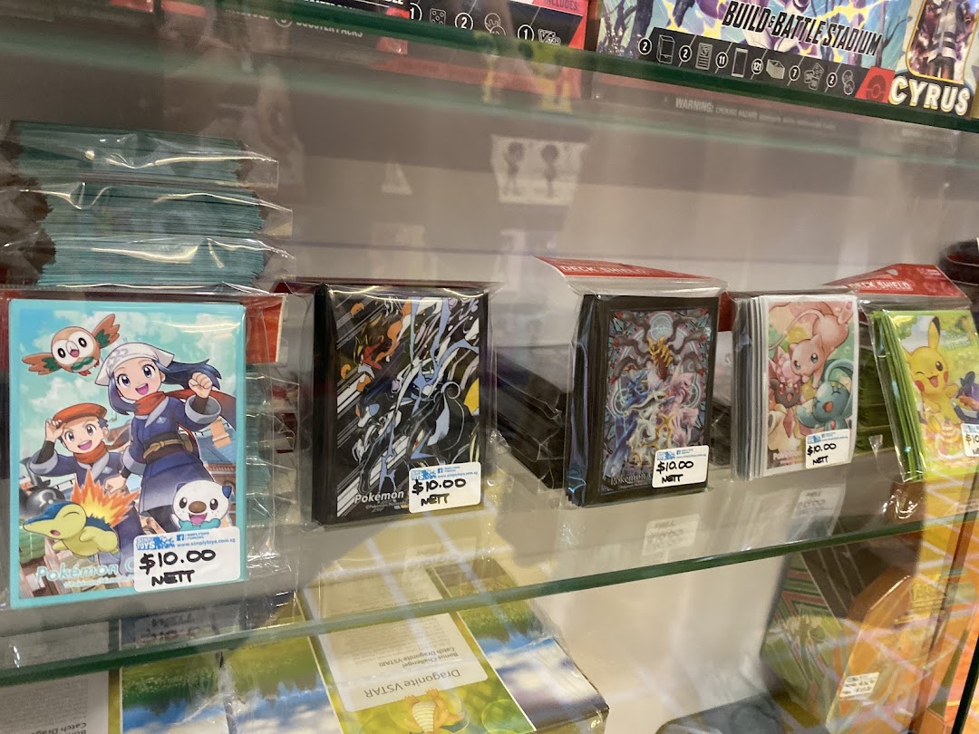 A retail shelf displaying various Pokémon-themed card sleeves and deck shields, each priced at $10.00.