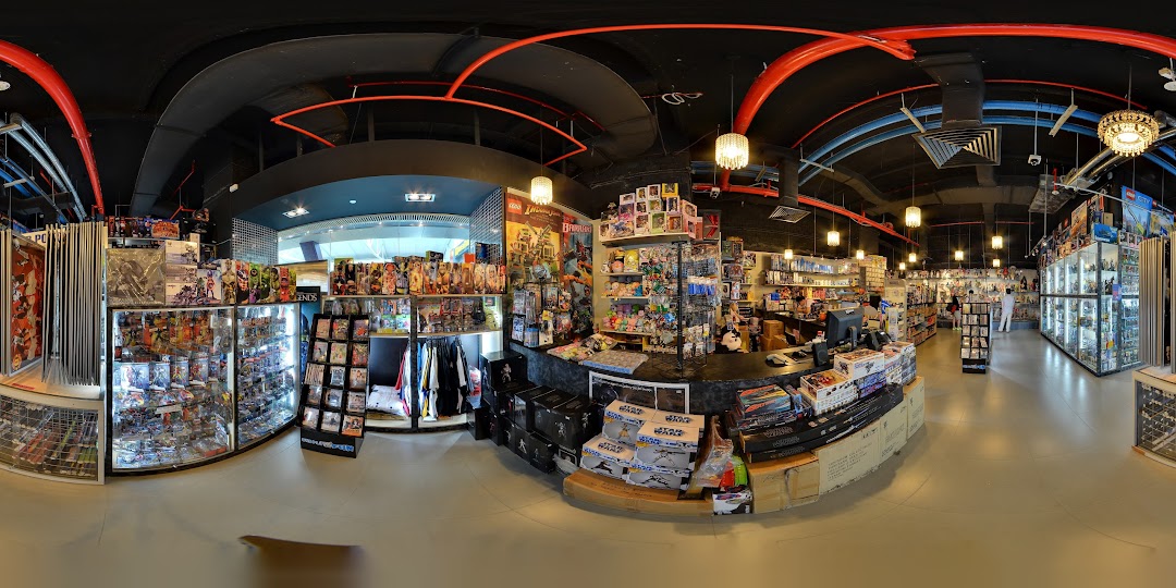 A panoramic view of the Simply Toys store interior, showcasing a wide array of toys, action figures, and collectibles.