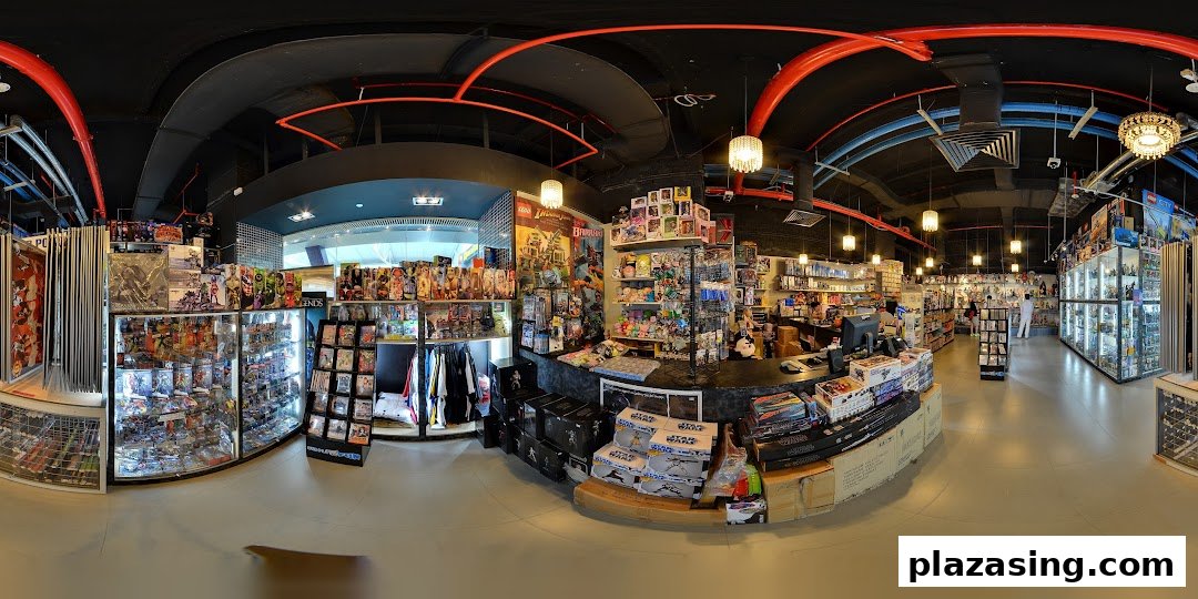 A panoramic view of the Simply Toys store interior, showcasing a wide array of toys, action figures, and collectibles.