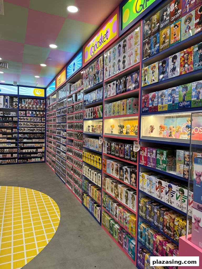 Interior view of Simply Toys, showcasing shelves packed with collectible figures and toys.
