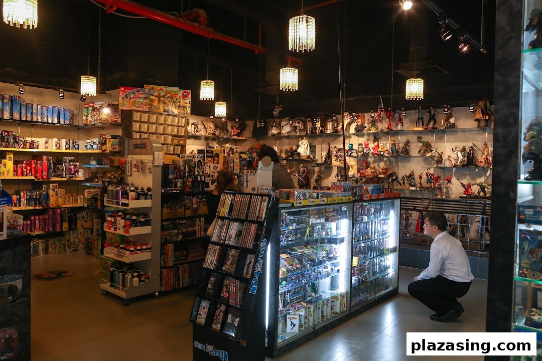 Interior view of Simply Toys, showcasing diverse collectibles, action figures, and toys on display.