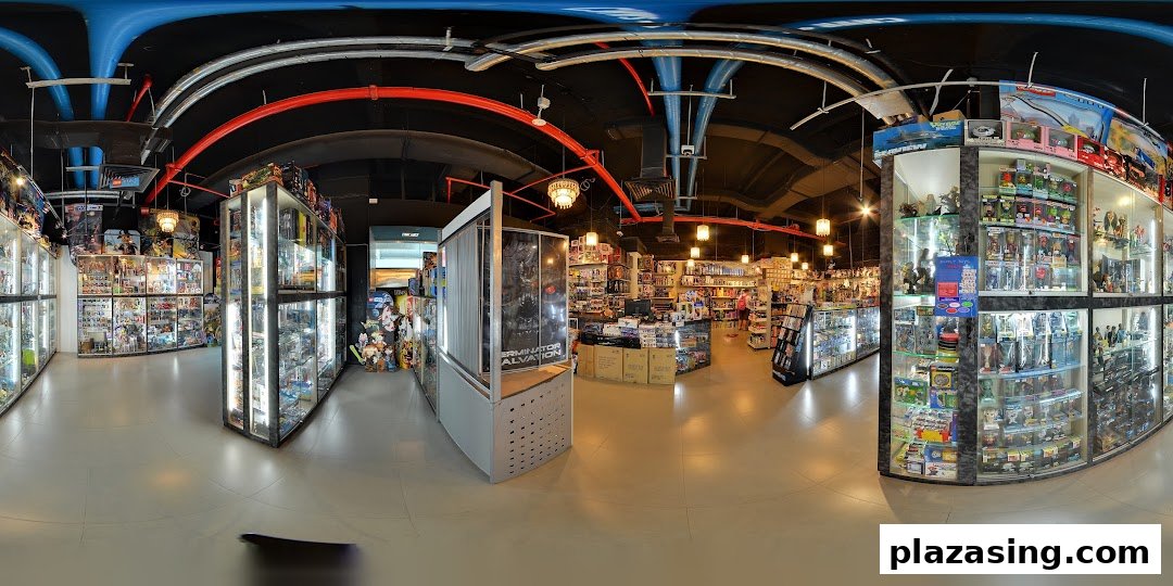 Interior view of Simply Toys, showcasing numerous display cases filled with collectibles, action figures, and toys.
