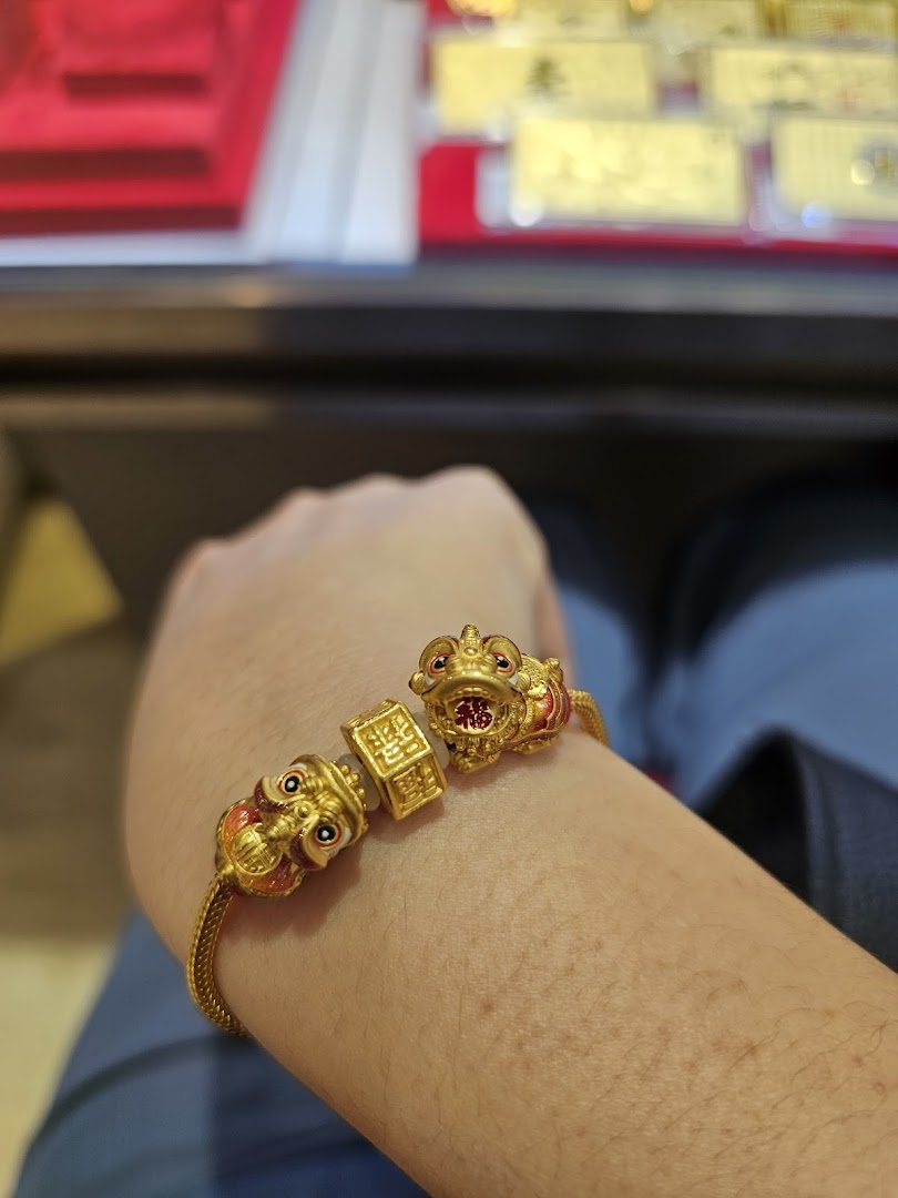 A person's arm showcasing a detailed gold bracelet with intricate charms, likely from a jewellery display.