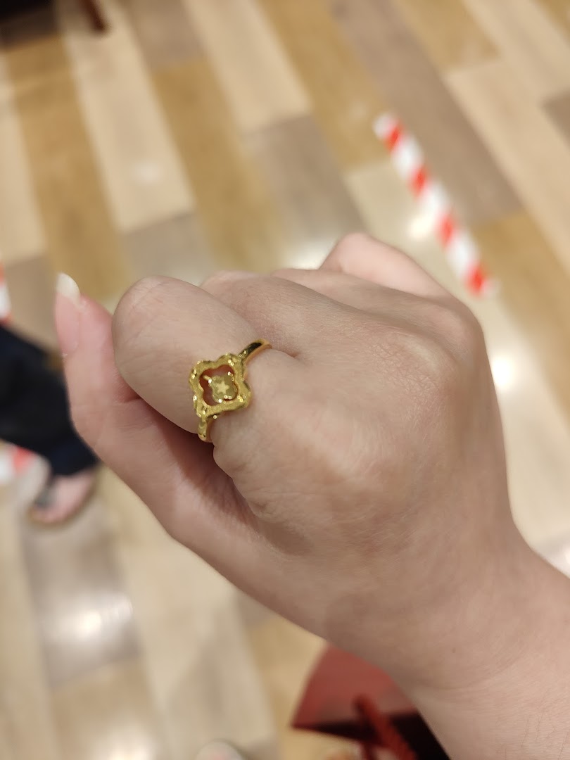 A hand models a distinctive gold ring with an intricate design, likely from a jewellery store.