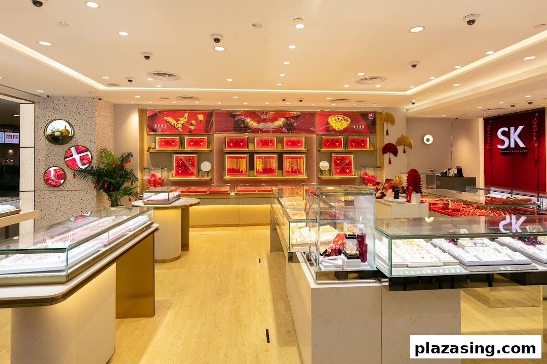 An interior view of SK Jewellery, showcasing brightly lit display cases filled with gold and diamond pieces.