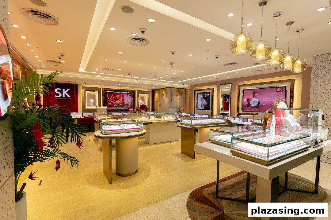 Interior view of SK Jewellery, showcasing elegant display cases filled with exquisite jewelry and digital marketing screens.
