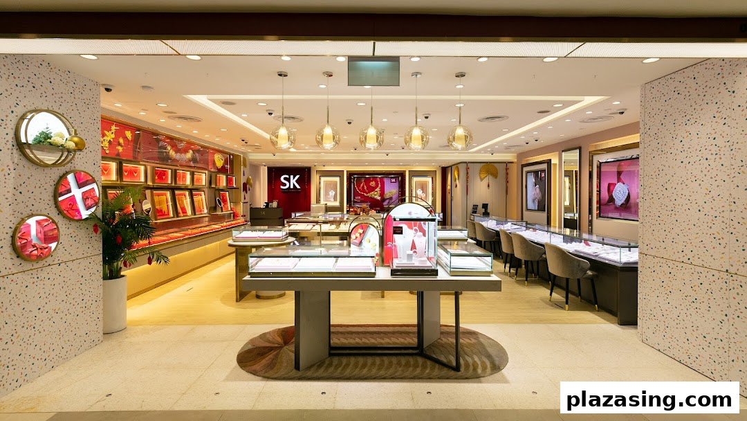 The interior of SK Jewellery, showcasing elegant display cases filled with various jewelry pieces.