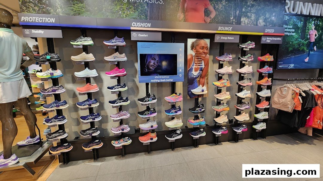 A vibrant display of ASICS running shoes categorized by performance features like protection, cushion, bounce, and speed.