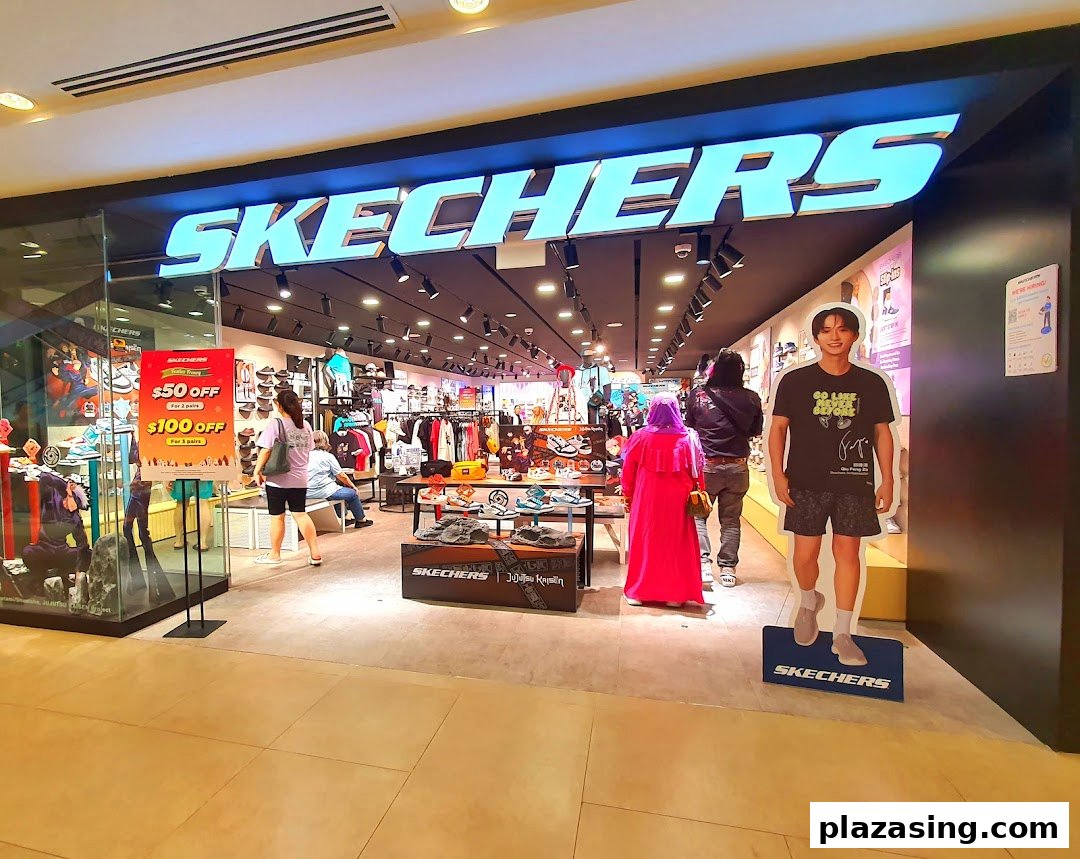 The brightly lit entrance of a Skechers store showcasing footwear, apparel, and a promotional offer.