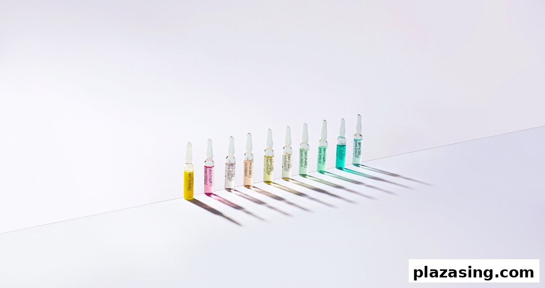 A row of colorful SkinLab ampoules casting shadows on a white surface.
