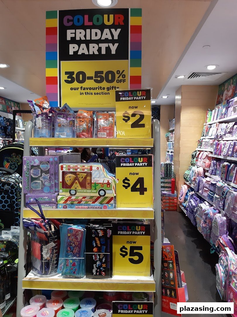 An interior shot of Smiggle, showcasing colorful stationery, bags, and promotional sale items.