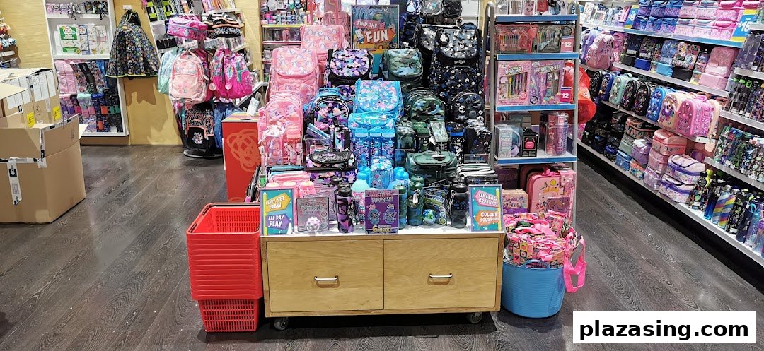 A vibrant interior view of Smiggle, showcasing colorful backpacks, lunchboxes, and stationery displays.