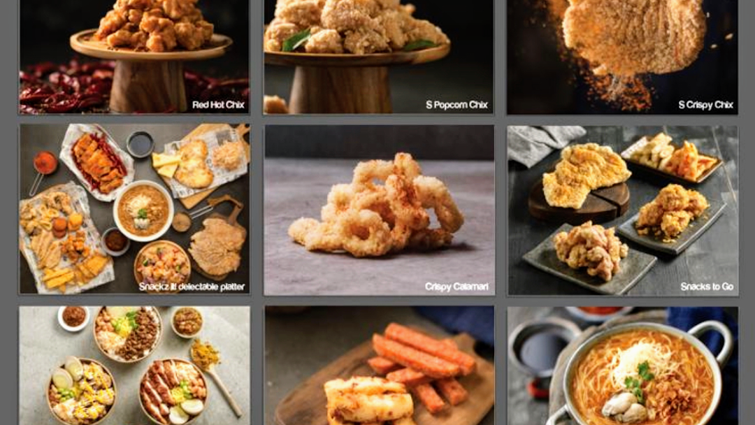 A collage showcasing various fried chicken snacks, calamari, and snack platters from Snackz it!.