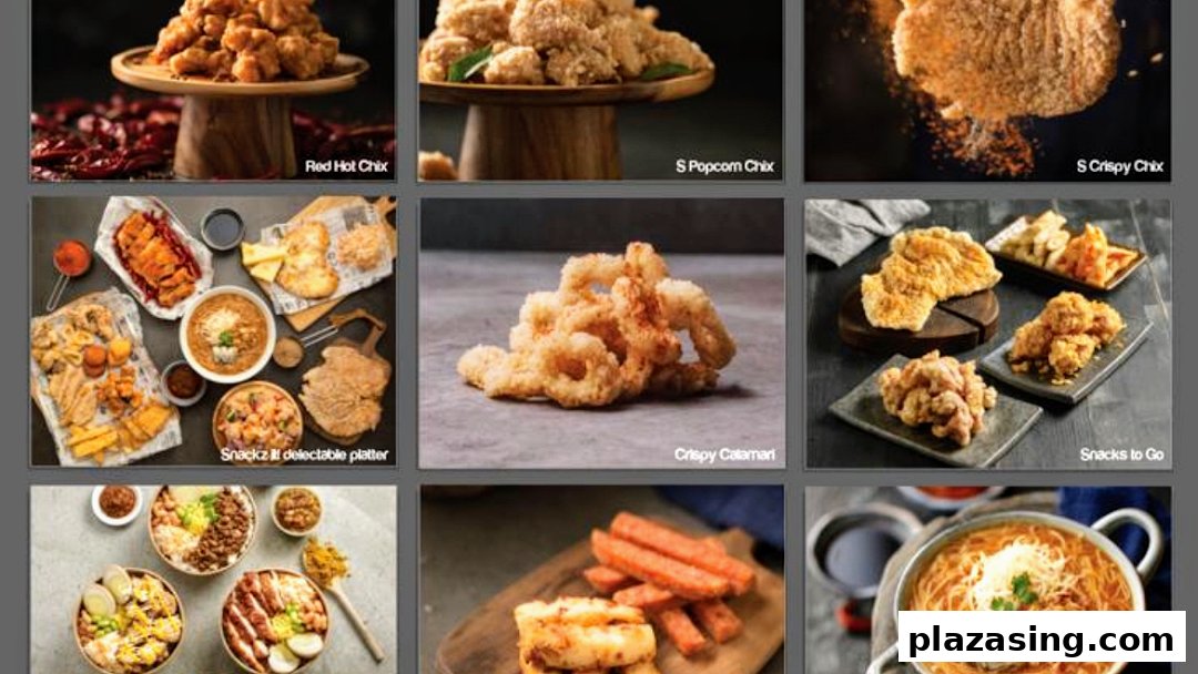 A collage showcasing various fried chicken snacks, calamari, and snack platters from Snackz it!.
