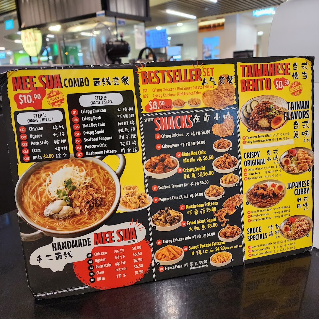 A detailed menu board for Snackz it! featuring Mee Sua, Bestseller sets, Street Snacks, and Taiwanese Bento.