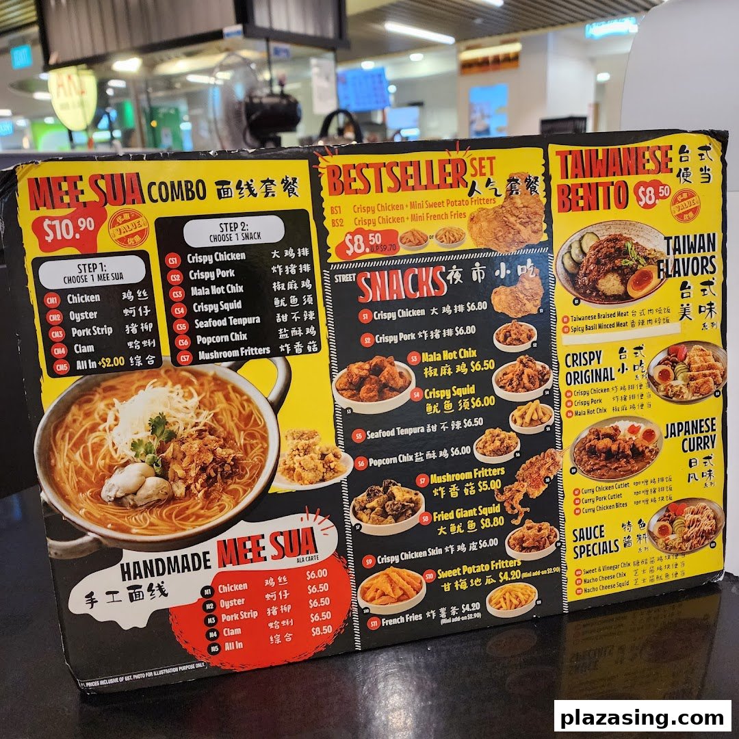 A detailed menu board for Snackz it! featuring Mee Sua, Bestseller sets, Street Snacks, and Taiwanese Bento.