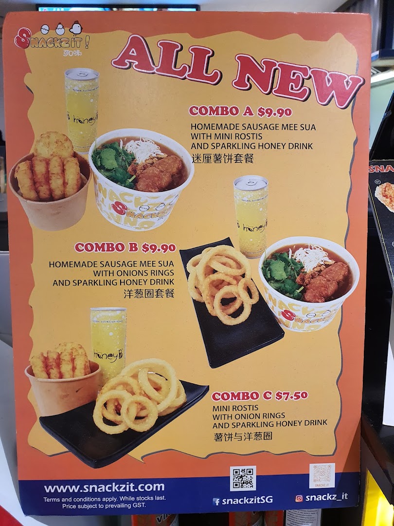A vibrant menu board from Snackz it! showcasing new combo meals with prices and descriptions.