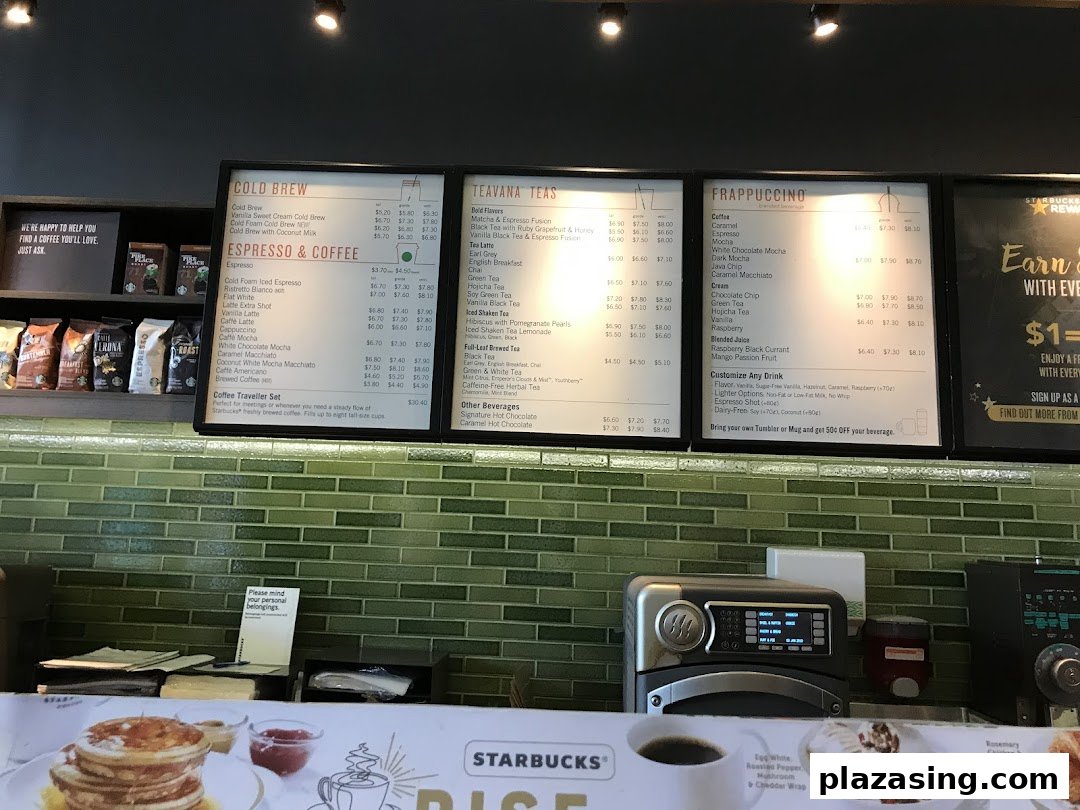 A detailed view of Starbucks' menu boards featuring coffee, tea, and Frappuccino selections.
