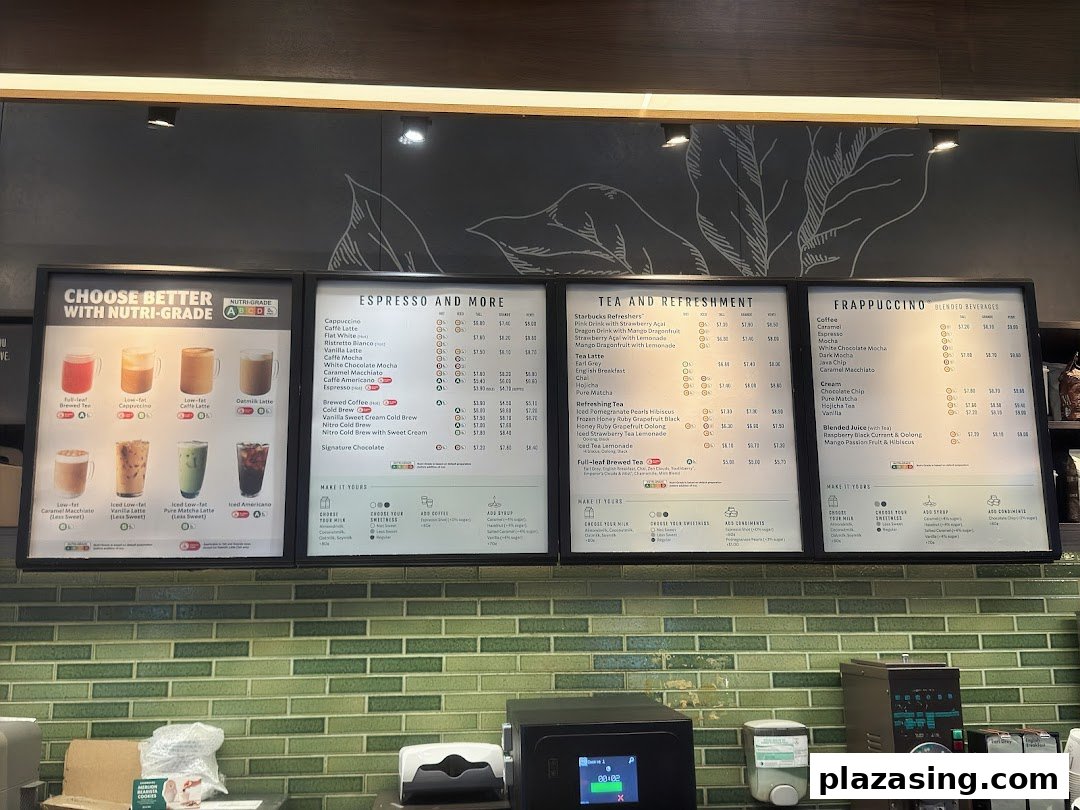 A comprehensive Starbucks menu board displaying various coffee, tea, and blended beverages with prices.