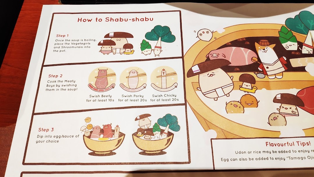 Illustrated instructions on how to enjoy shabu-shabu, featuring cute character designs.