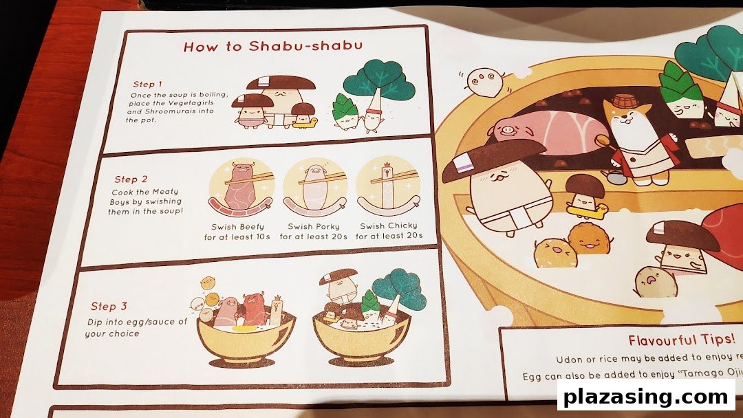 Illustrated instructions on how to enjoy shabu-shabu, featuring cute character designs.