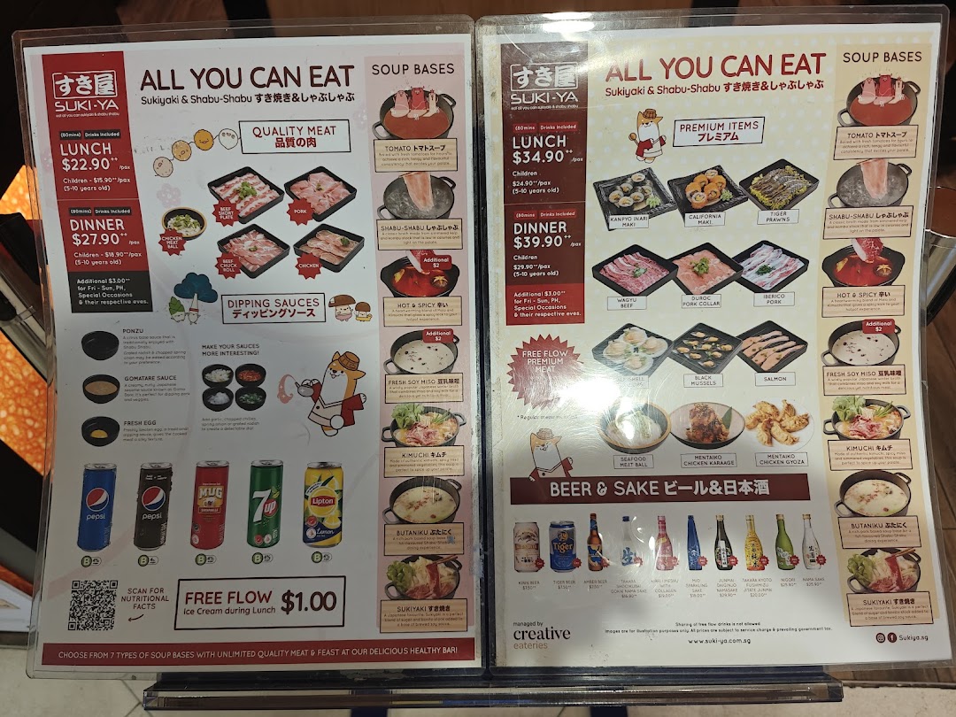A comprehensive menu for Suki-Ya, an all-you-can-eat shabu-shabu and sukiyaki restaurant, detailing pricing, food items, and drinks.