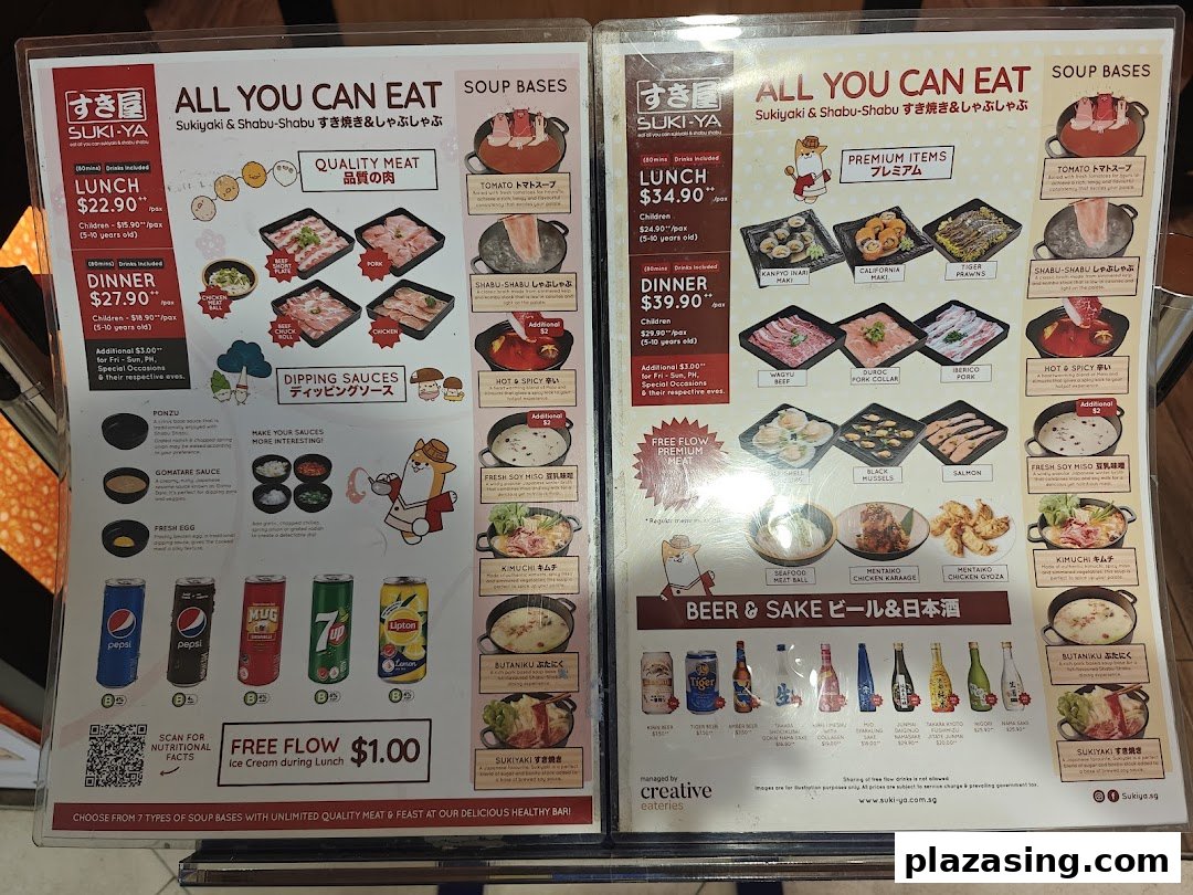 A comprehensive menu for Suki-Ya, an all-you-can-eat shabu-shabu and sukiyaki restaurant, detailing pricing, food items, and drinks.