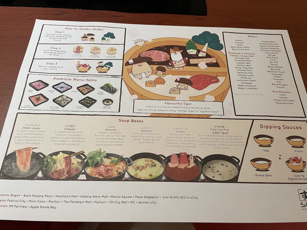 A detailed menu for Suki-Ya, showcasing shabu-shabu instructions, premium items, soup bases, and dipping sauces.