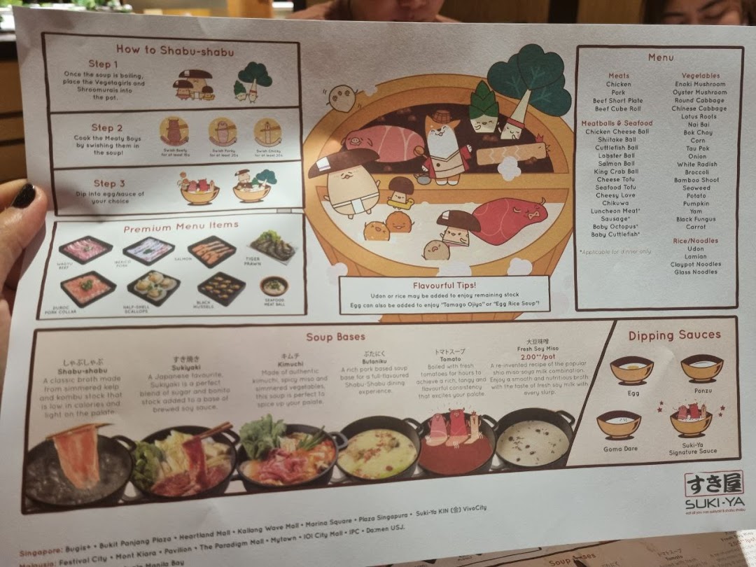 A detailed menu from Suki-Ya Shabu-Shabu, showing ingredients, soup bases, and dining instructions.
