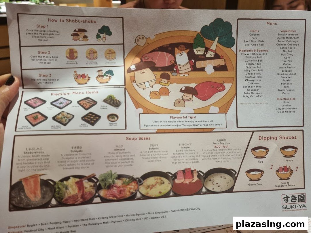 A detailed menu from Suki-Ya Shabu-Shabu, showing ingredients, soup bases, and dining instructions.