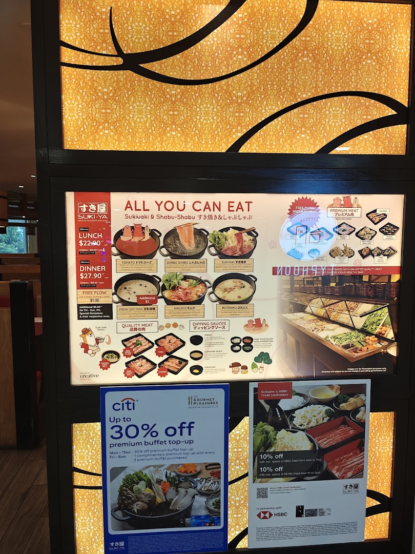 A vibrant display board showcasing Suki-Ya's all-you-can-eat shabu-shabu and sukiyaki buffet options, prices, and promotions.