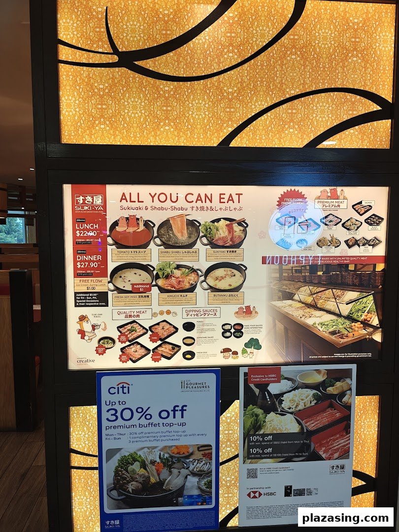 A vibrant display board showcasing Suki-Ya's all-you-can-eat shabu-shabu and sukiyaki buffet options, prices, and promotions.
