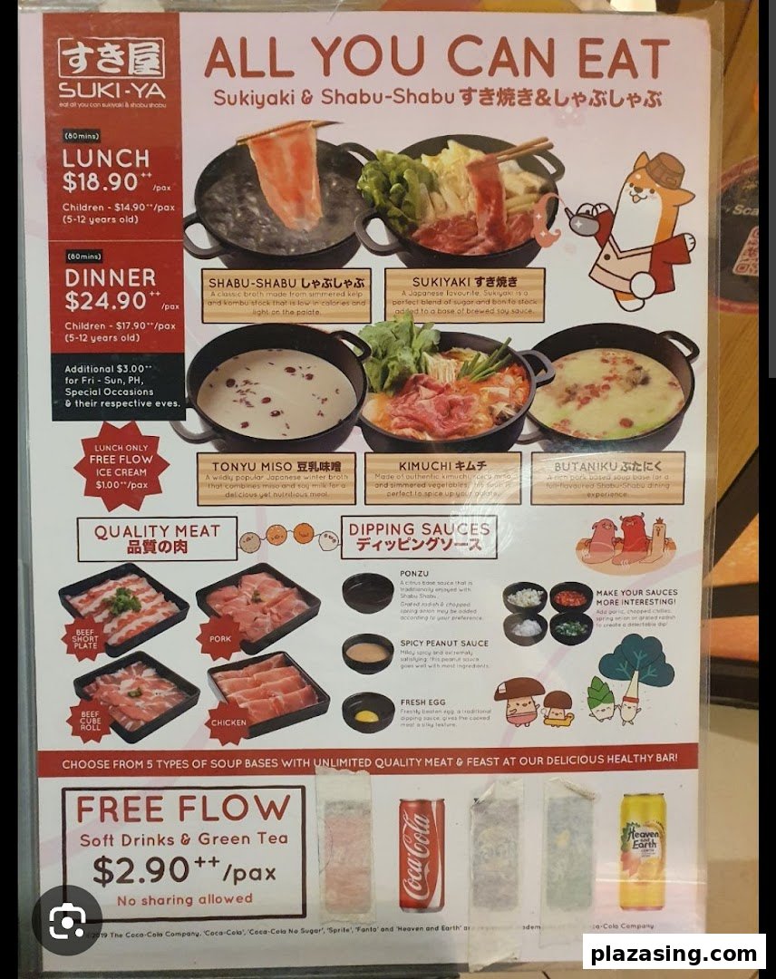A detailed menu for Suki-Ya's all-you-can-eat Sukiyaki and Shabu-Shabu buffet.