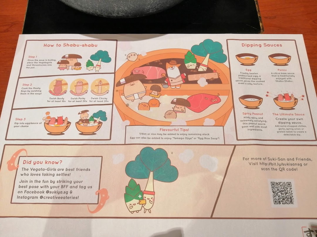 A paper placemat from Suki-Ya illustrating shabu-shabu eating steps, dipping sauces, and promotional content.