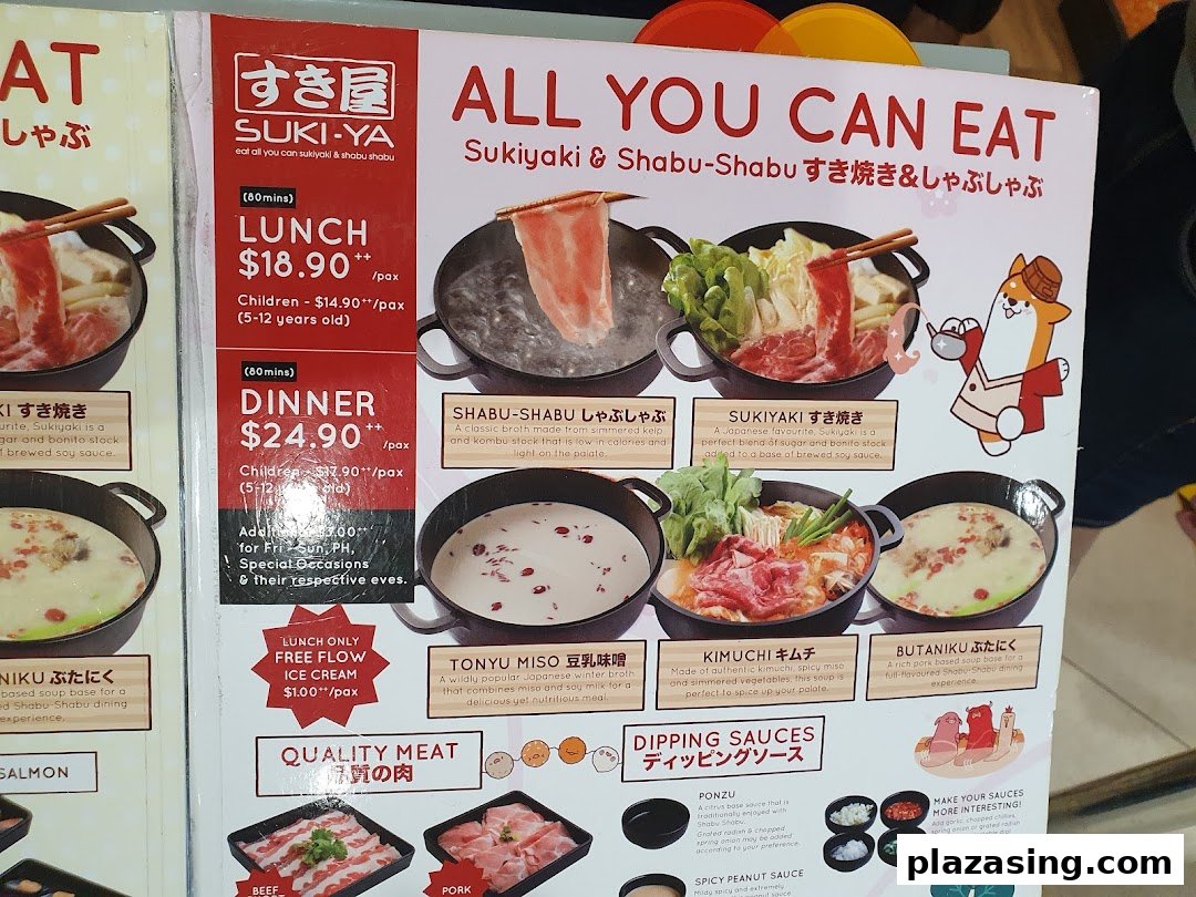 Suki-Ya's 'All You Can Eat' menu featuring shabu-shabu, sukiyaki, broths, meats, and dipping sauces.