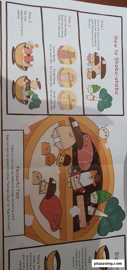 An illustrated guide detailing the steps and tips for enjoying shabu-shabu, featuring cute characters.