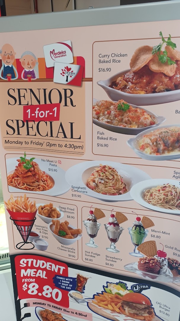 A vibrant menu board showcasing Swensen's diverse offerings, including baked rice, pasta, desserts, and special promotions.