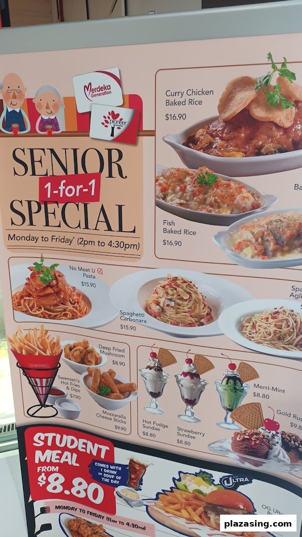 A vibrant menu board showcasing Swensen's diverse offerings, including baked rice, pasta, desserts, and special promotions.